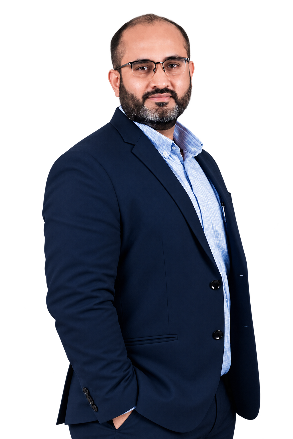 Dr. Khizar Raoof Mohammed wearing a navy suit